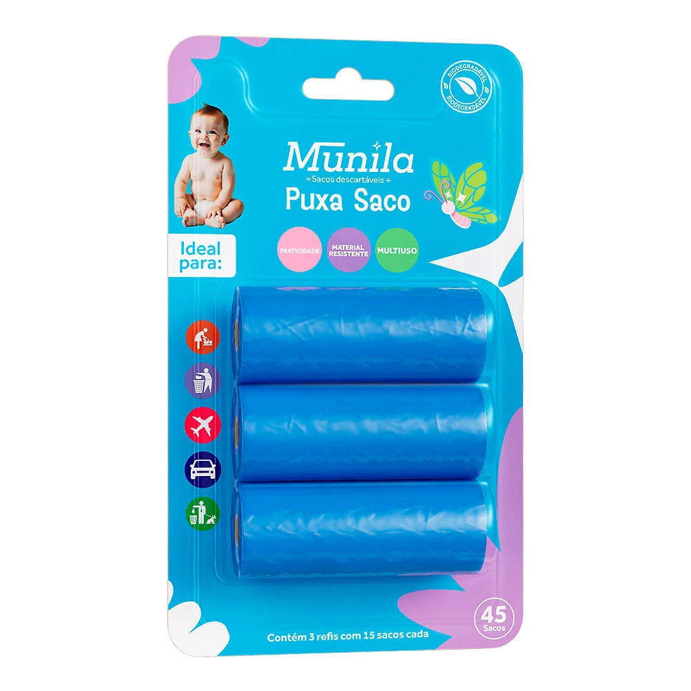 Sacos Descartáveis Munila Cor Azul 3 Refis com 15 Sacos cada