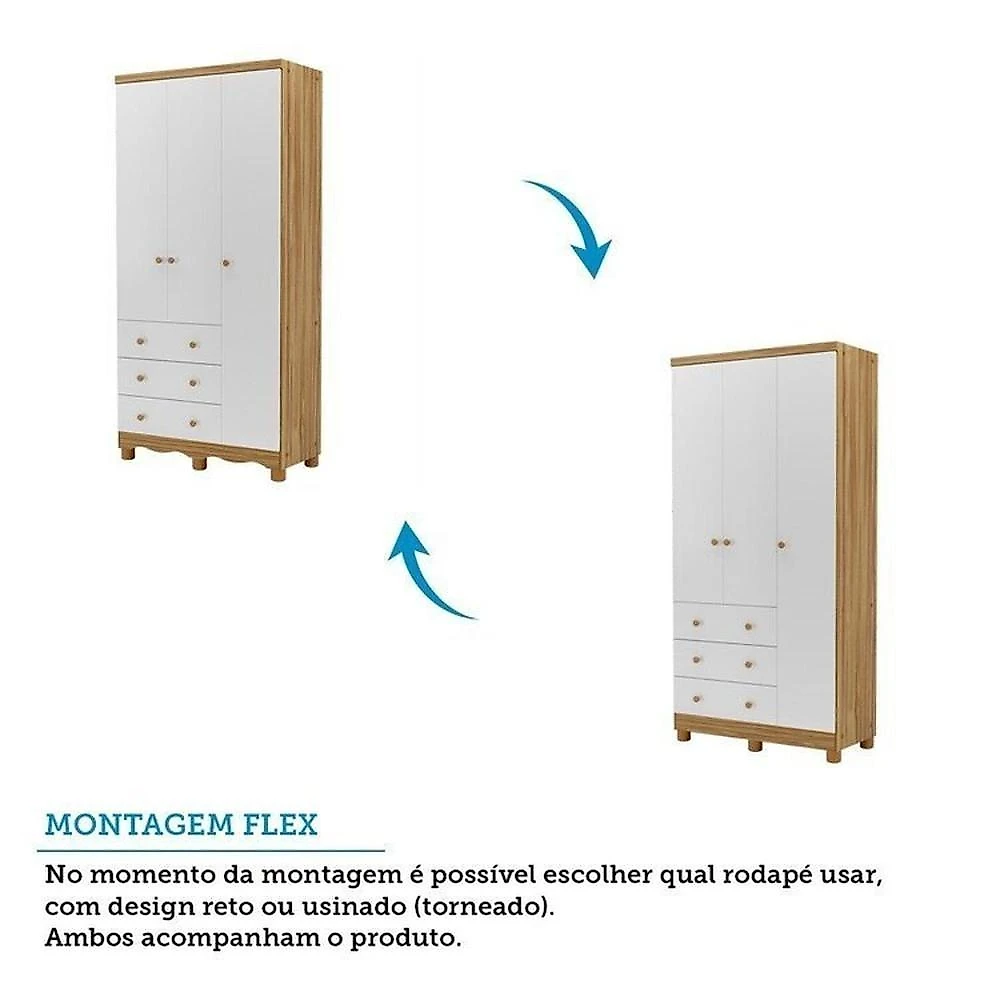 Quarto de Bebê com Berço Minicama e Guarda-roupa 3 Portas 100% MDF Nina Espresso Móveis Branco Brilho/Amêndoa
