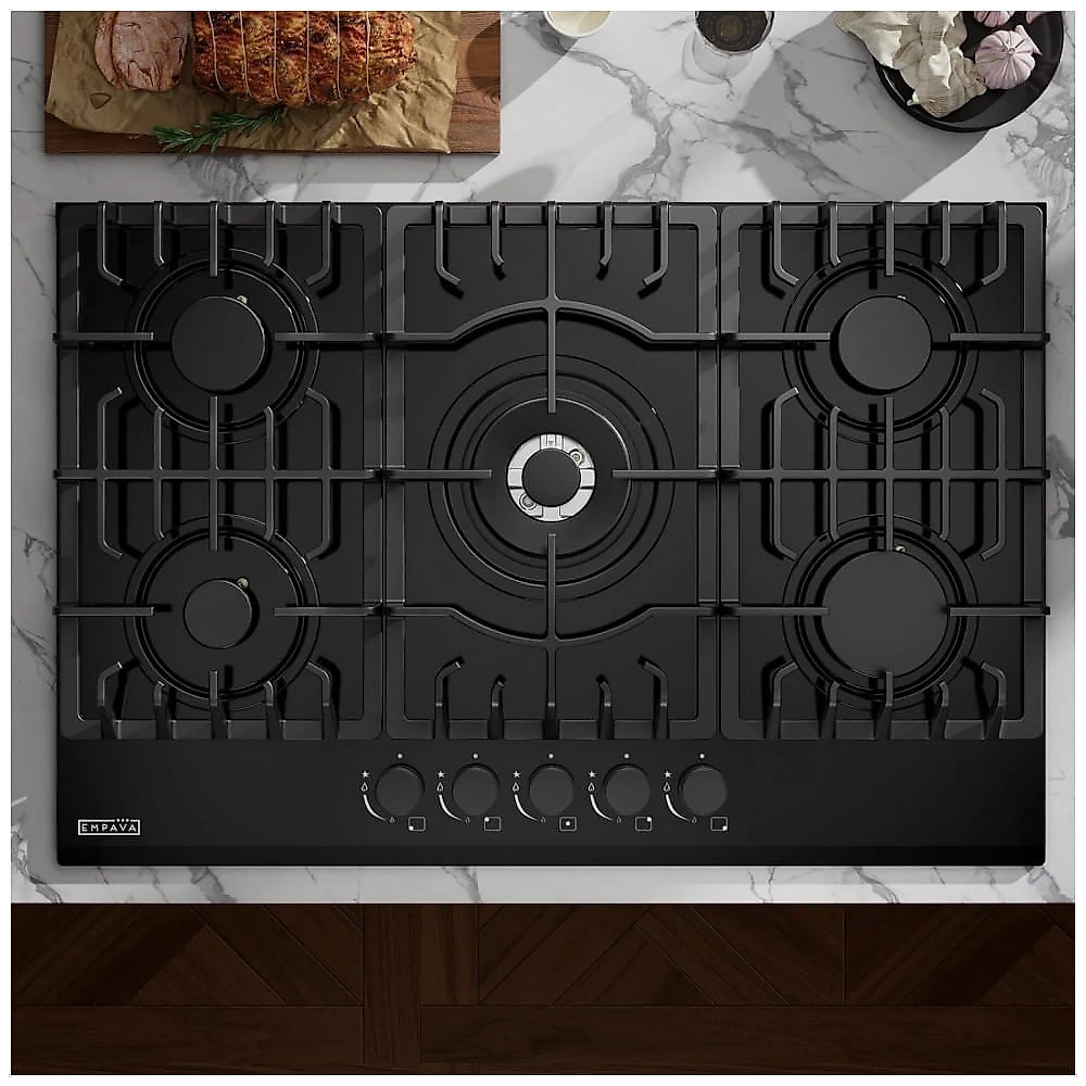Cooktop a gás 76cm Empava vidro preto 5 queimadores SABAF selados dual fuel GN/GLP controle vidro temperado 110V
