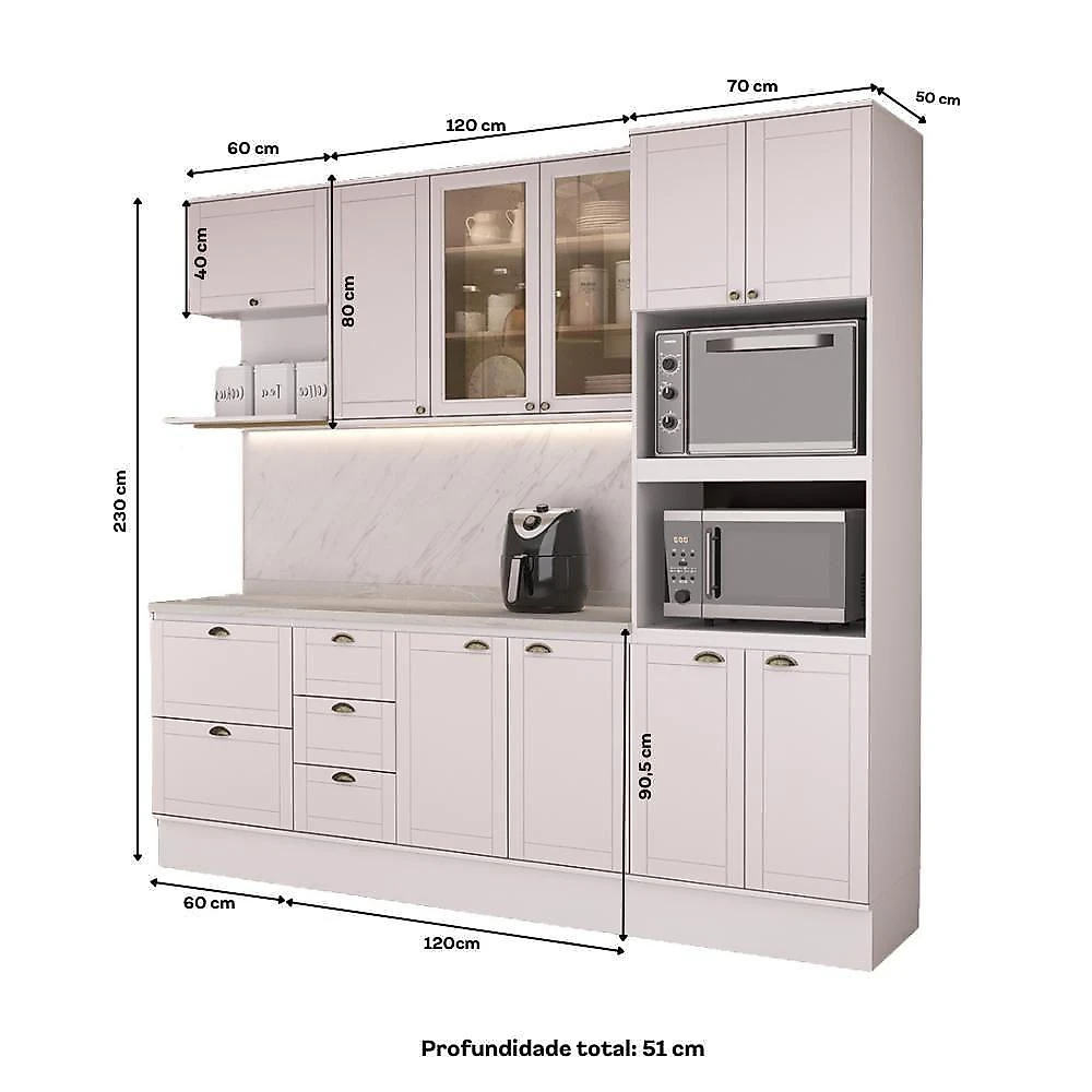 Cozinha Completa com Balcão Milla Smart Clear 10 Portas 5 Gavetas MDF Branco Móveis Carraro
