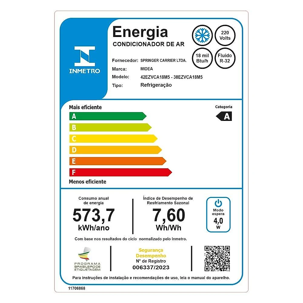 Ar-Condicionado Split Inverter 18000 BTUs Midea AI Ecomaster High Wall Só Frio 42EZVCA18M5/38EZVCA18M5 220V