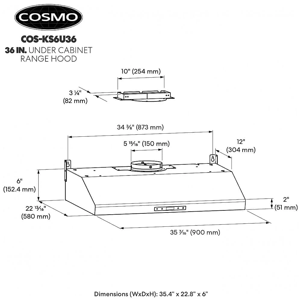 Coifa de Cozinha COSMO 91cm (36") Haven Collection 500 CFM Inox com LED e Controles Touch 110V