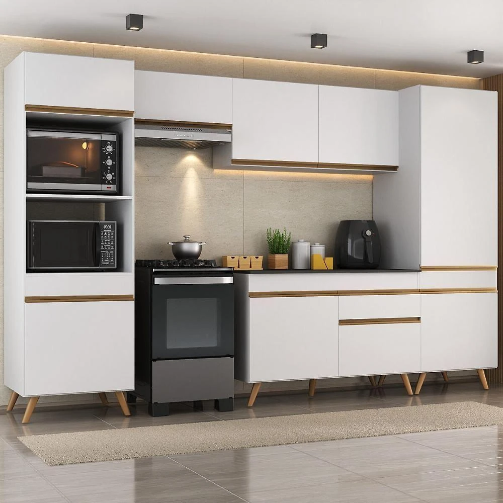 Armário Cozinha Modulada Completa 314cm Com Balcão Veneza Multimóveis Mp3757 Branco/dourado