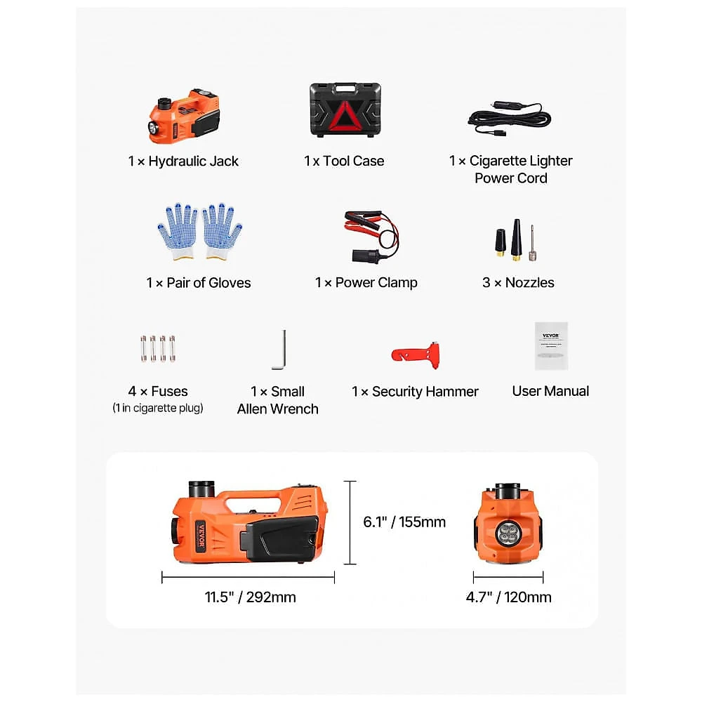 Macaco Elétrico VEVOR, 5 Toneladas, Macaco Tesoura Elétrico com Inflador Integrado, Troca de Pneus Ajustável 12V com Martelo Seguro Luz LED,