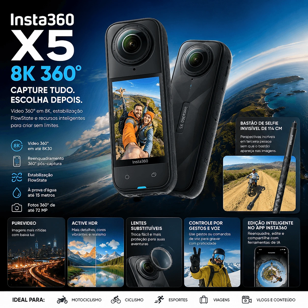 Câmera Insta360 X5 360° 8K Essentials Bundle 2 Baterias e Bastão