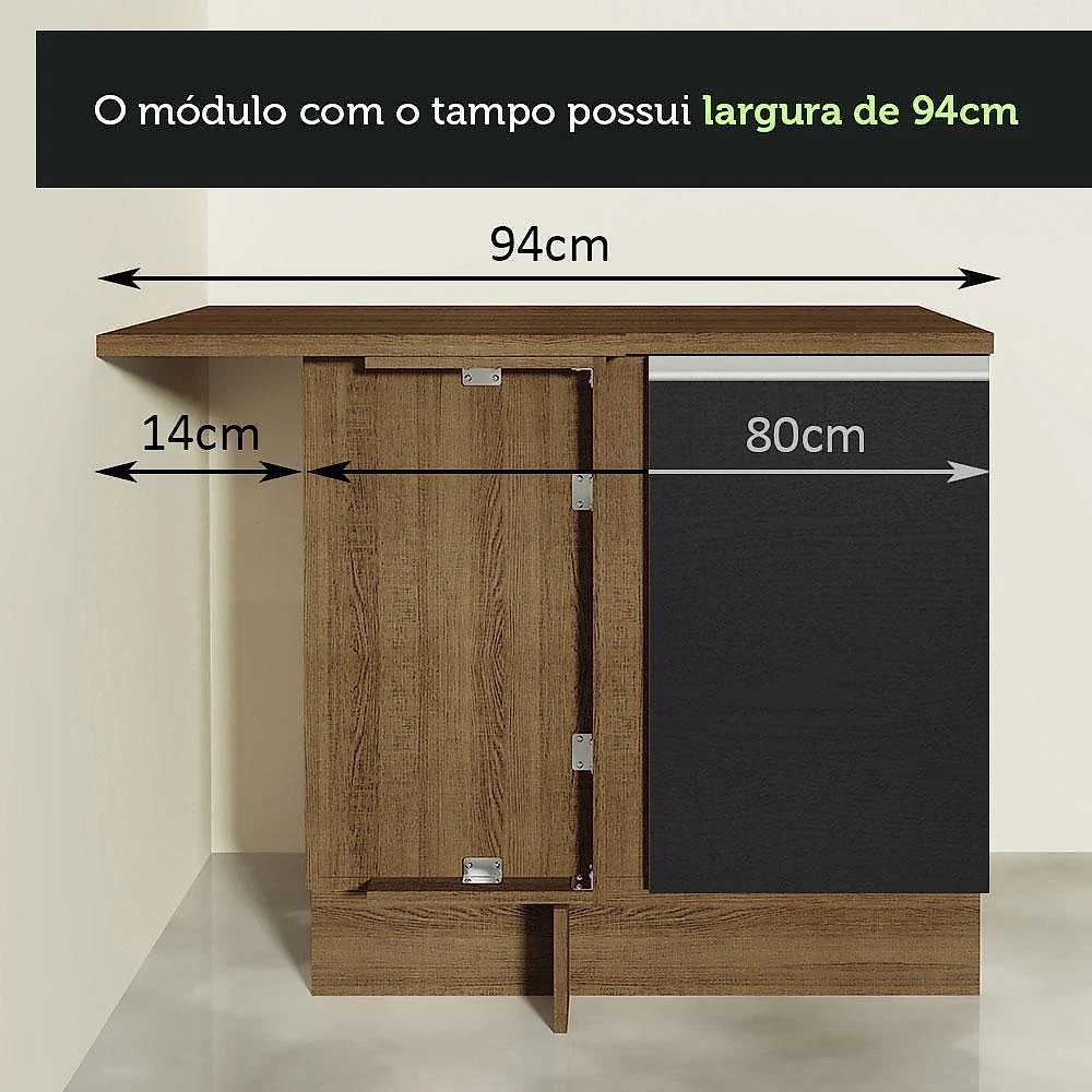Armário de cozinha completa de canto 349cm rustic/preto glamy madesa 07