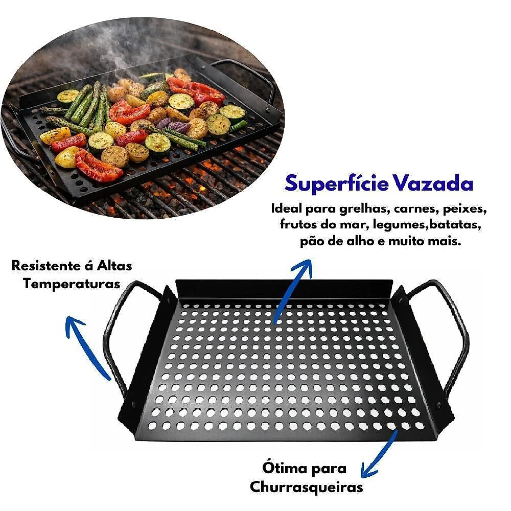 Bandeja Grill para Churrasqueira em Aço Inox para Carnes Legumes e Peixes Preto Utibom