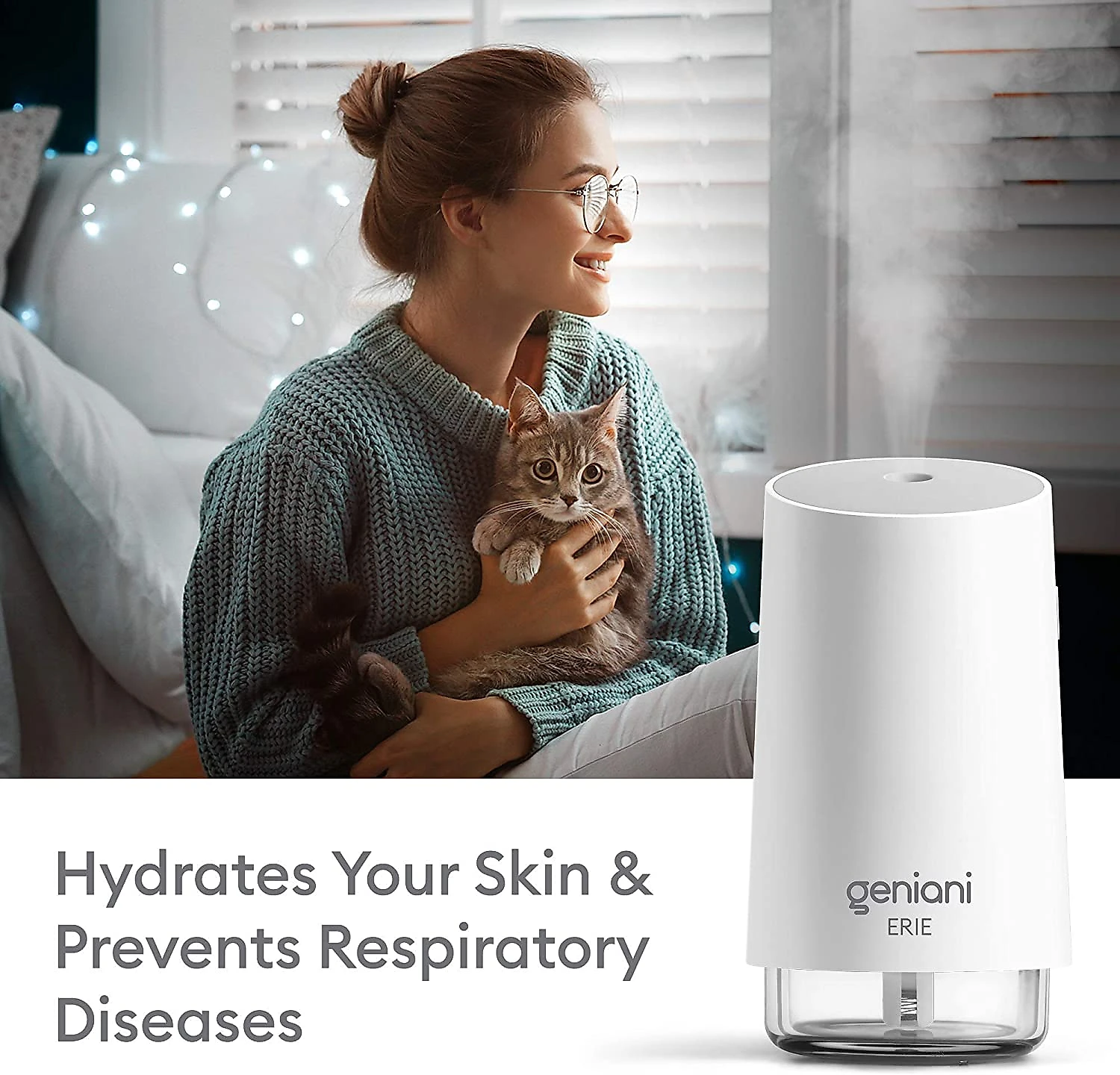GENIANI Umidificador Ultrassônico 250ML cLuz Noturna e Desligamento Automático Branco