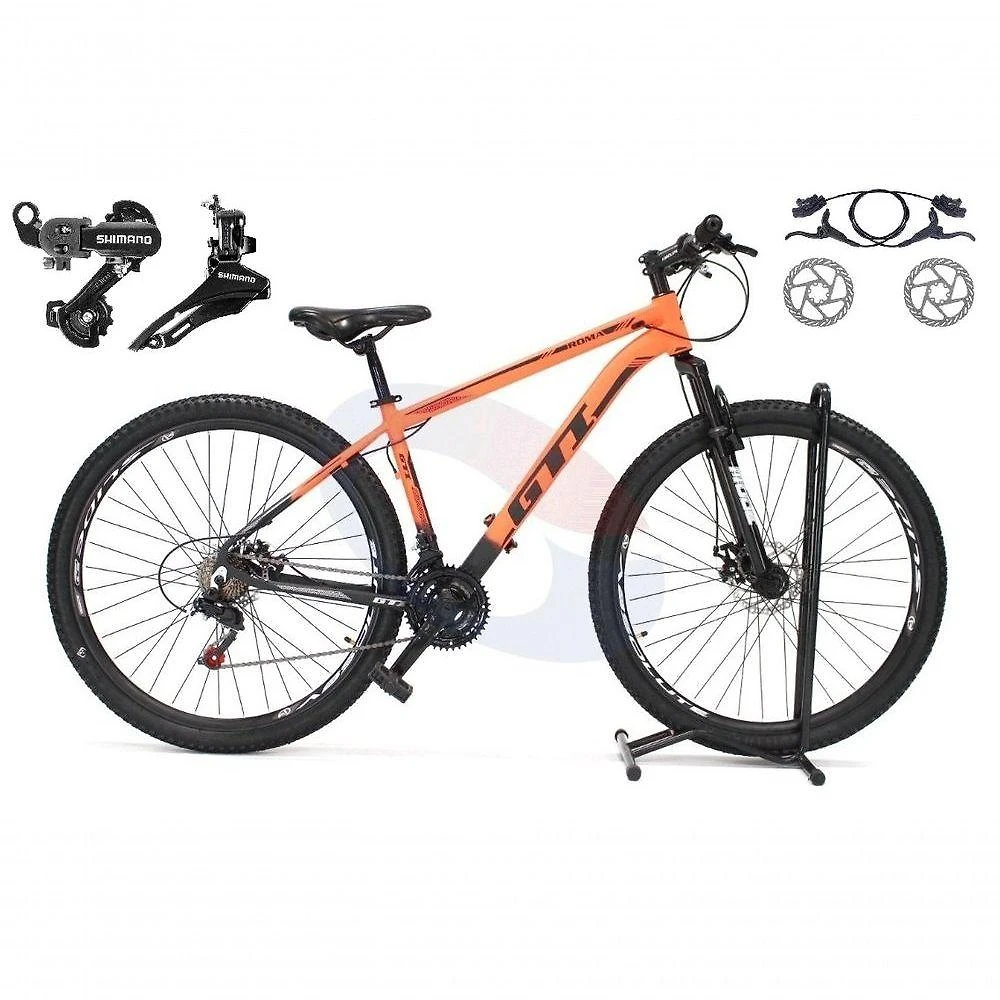 Bicicleta Aro 29 Gti Roma 21v Alumínio Câmbios Shimano Freio Disco Hidráulico Garfo Suspensão - Laranja-preto Tam.15