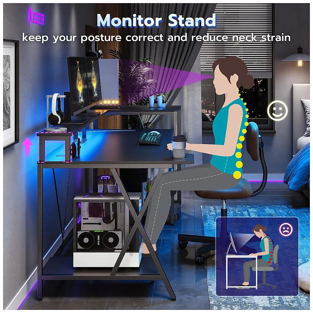 Mesa Gamer 70.8" 180 cm com Luz LED, Porta-Copos, Suporte para Monitor, Prateleiras de Armazenamento e Tomadas, 110V, SEDETA, Preto 110v