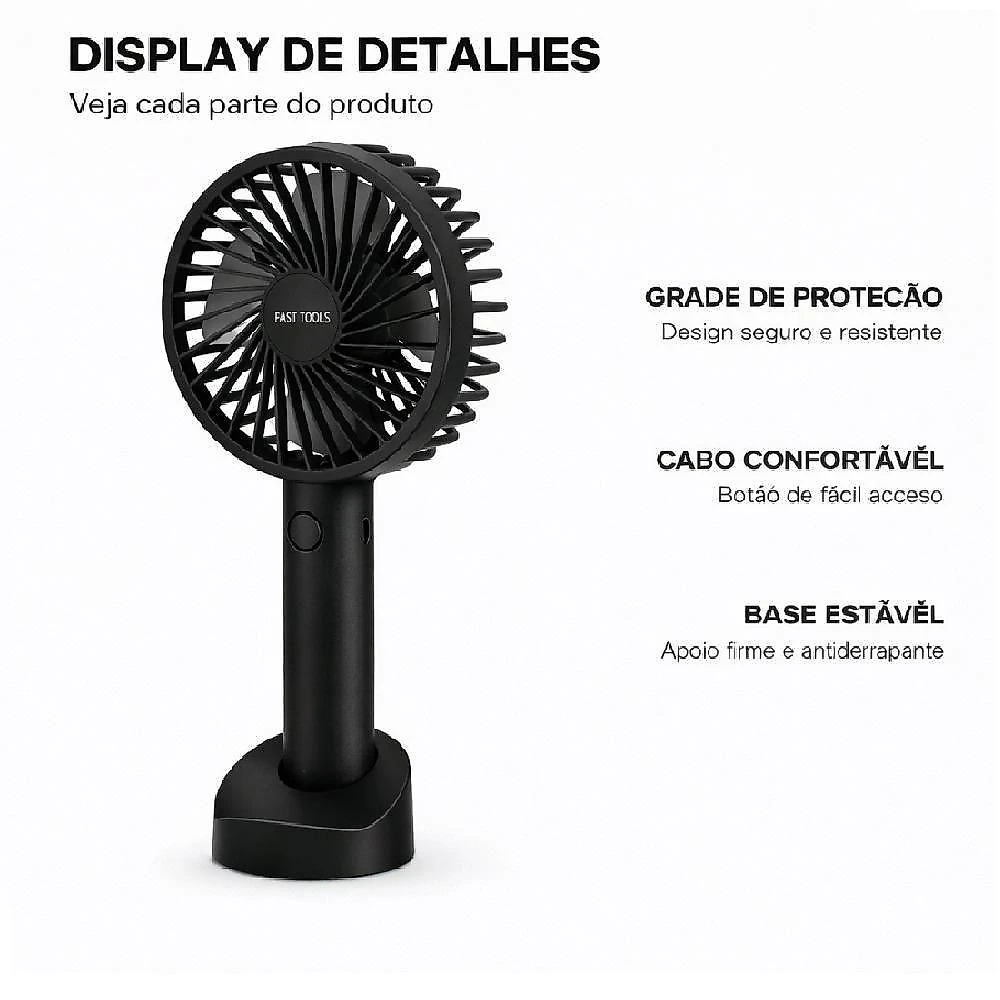 Ventilador Portátil Utibom Preto Recarregável com Suporte para Celular 3 Velocidades 5V