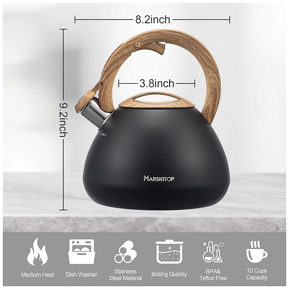 Chaleira de Chá 2.5L em Aço Inoxidável com Apito, MARSKITOP, Preto