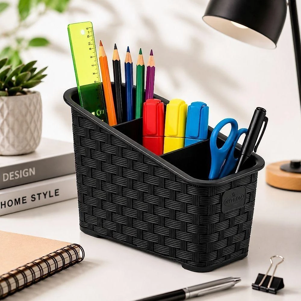 Organizador de Mesa Multiuso 3 Divisórias Plástico Estilo Rattan para Escritório Cozinha Preto