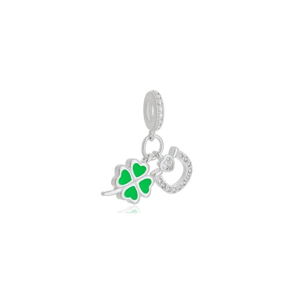Berloque Atraktiva Jóias Cravejado e Esmaltado Trevo Prata 925 em 2 e 6cm X 0 e 9cm Feminino