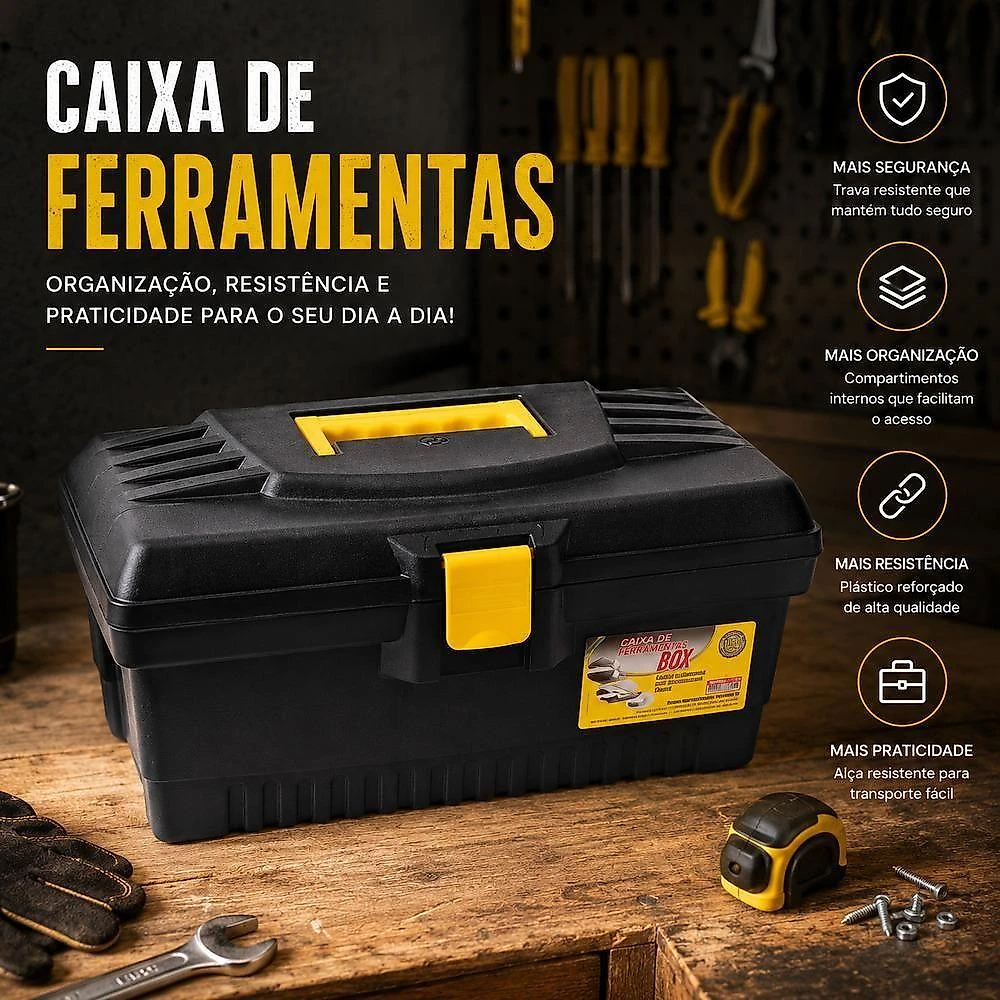 Caixa de Ferramentas Multiuso Bandeja Removível Trava 43cm Preto