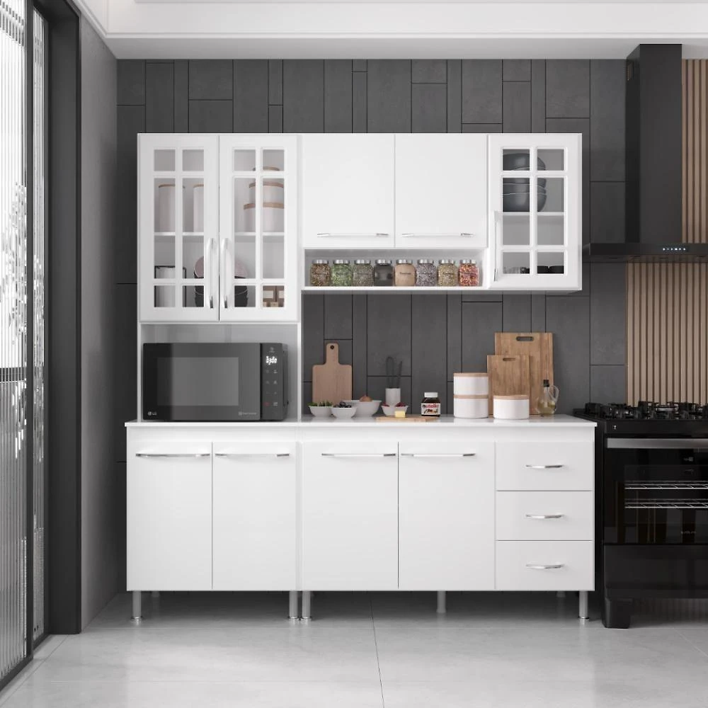 Armário de Cozinha Modulada Viena 3 Peças 9 Portas 3 Gavetas 190cm Branco Fidelita Móveis