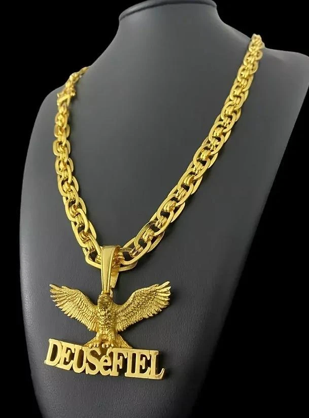 Miniatura Cordão Imperador 10Mm + Pingente Águia Deus Banhado A Ouro
