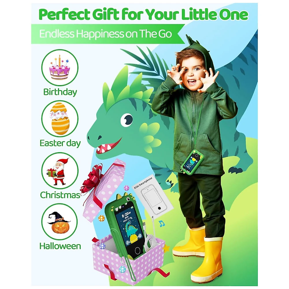 Telefone Brinquedo Infantil KOKODI Dinossauro Verde, Tela Touchscreen HD, Câmera Dupla, Cartão SD 8GB, Brinquedo Educativo Para Meninos de 3 a 10 Anos