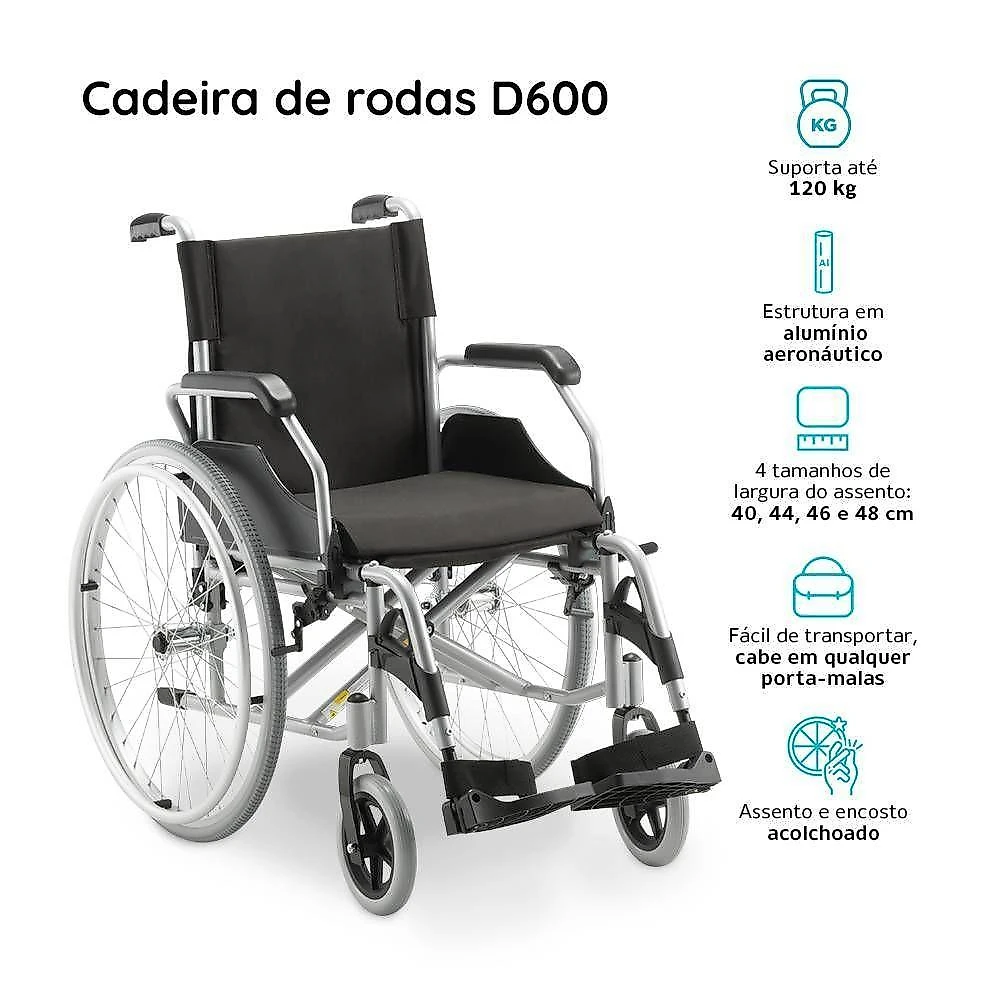 Cadeira de rodas dobrável dellamed em alumínio até 120kg d600 t46 6472