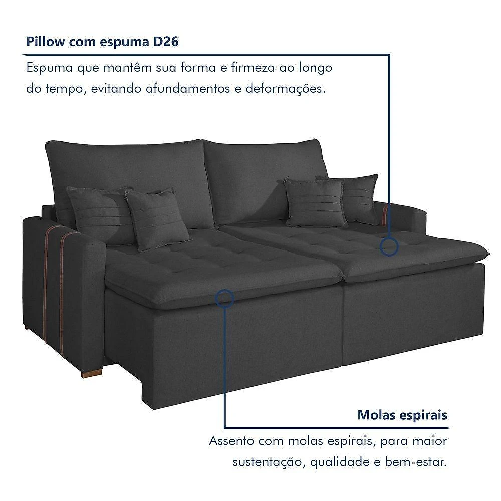Sofá Boston 2 Lugares Retrátil 200CM Cinza Veludo Kc Rei de Casa