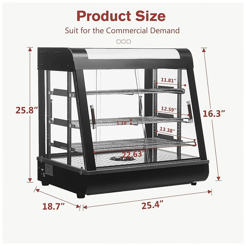 Aquecedor de Alimentos 3 Andares Whalefall Preto Aquecimento 3D Portas de Vidro Deslizantes Aço Inoxidável 69 cm para Buffet Restaurantes