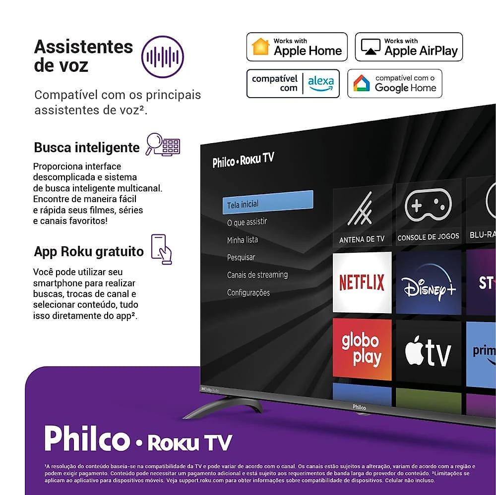 Smart tv 40" philco full hd led ptv40m9gr2cgb com sistema operacional roku tv, dolby audio, processador quad-core, entradas usb e hdmi