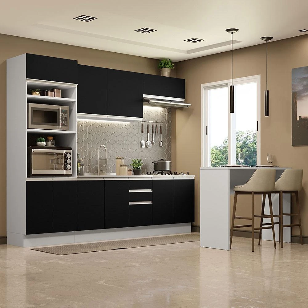 Cozinha Completa Madesa Glamy 315002 com Armário, Balcão e Bancada (Sem Tampo e Pia) - Branco/Preto