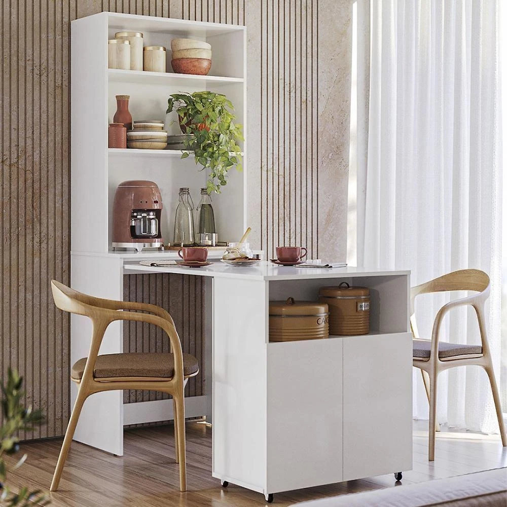 Armário Bancada De Cozinha 2 Portas Com Mesa Retrátil Dual - Branco