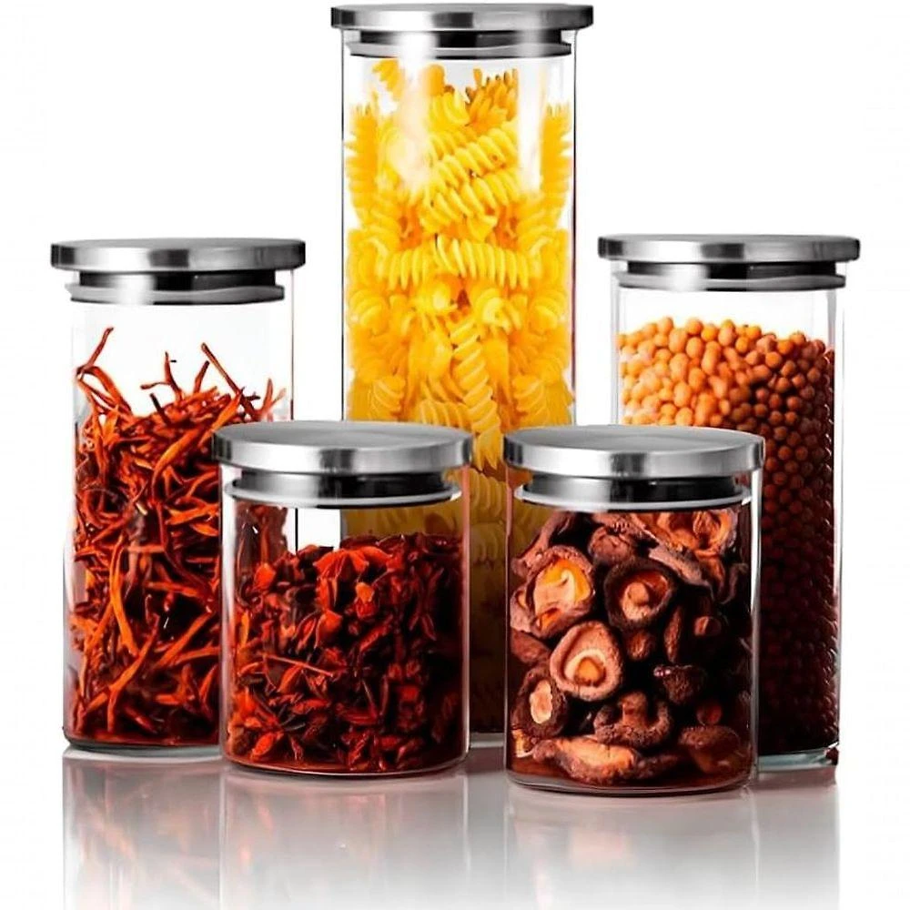 Kit 5 Potes Herméticos Redondos de Vidro Borossilicato com Tampa Aço Inox para Cozinha