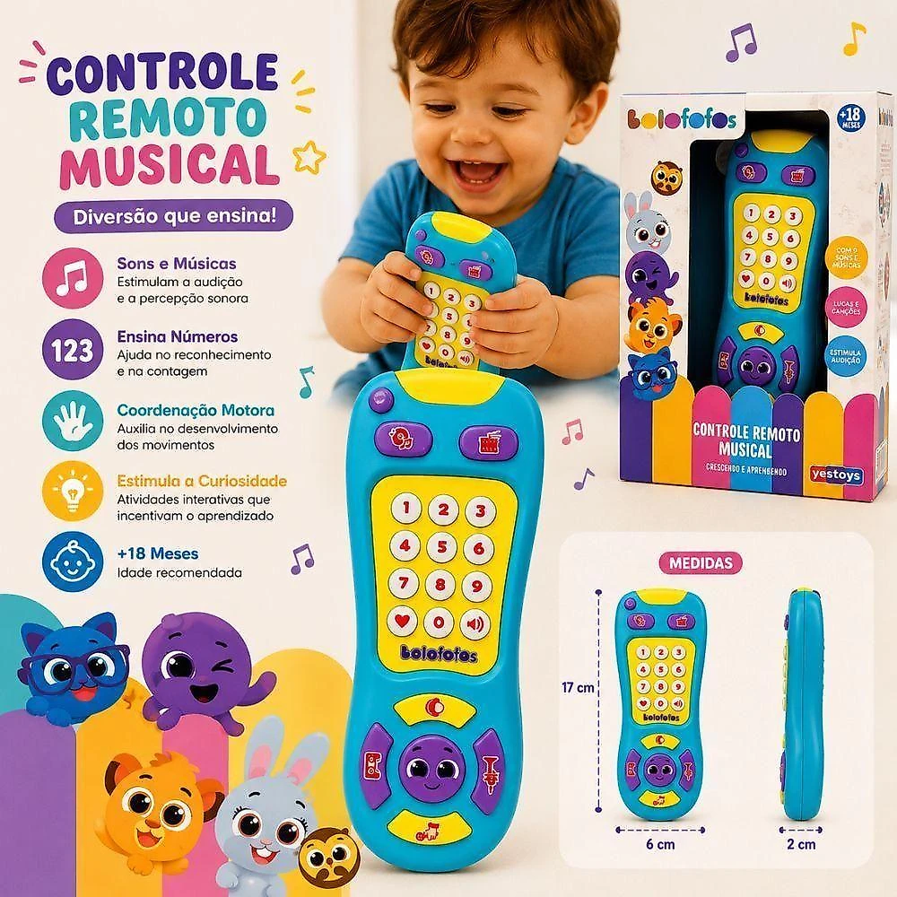 Controle Remoto Musical Infantil Bolofofos com Som e Luz Amarelo Yeet