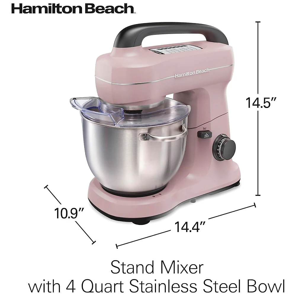 Batedeira Hamilton Beach Elétrica, 4 Litros, Ganchos para Massa, Acessório Batedor Plano, Protetor contra Respingos, 7 Velocidades com Batedor, Rosa