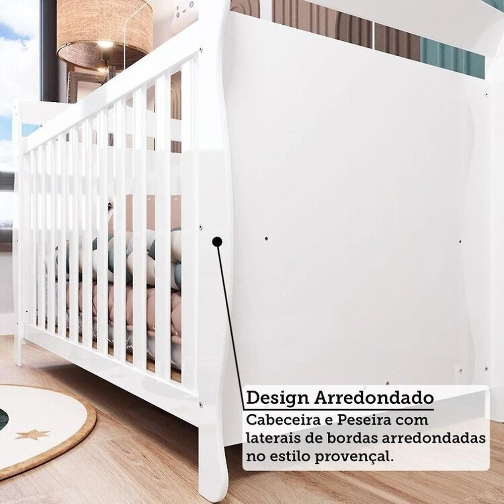 Quarto de Bebê Completo Berço Minicama Guarda-roupa 4 Portas e Cômoda 100% Mdf Nina Espresso Móveis Branco Brilho