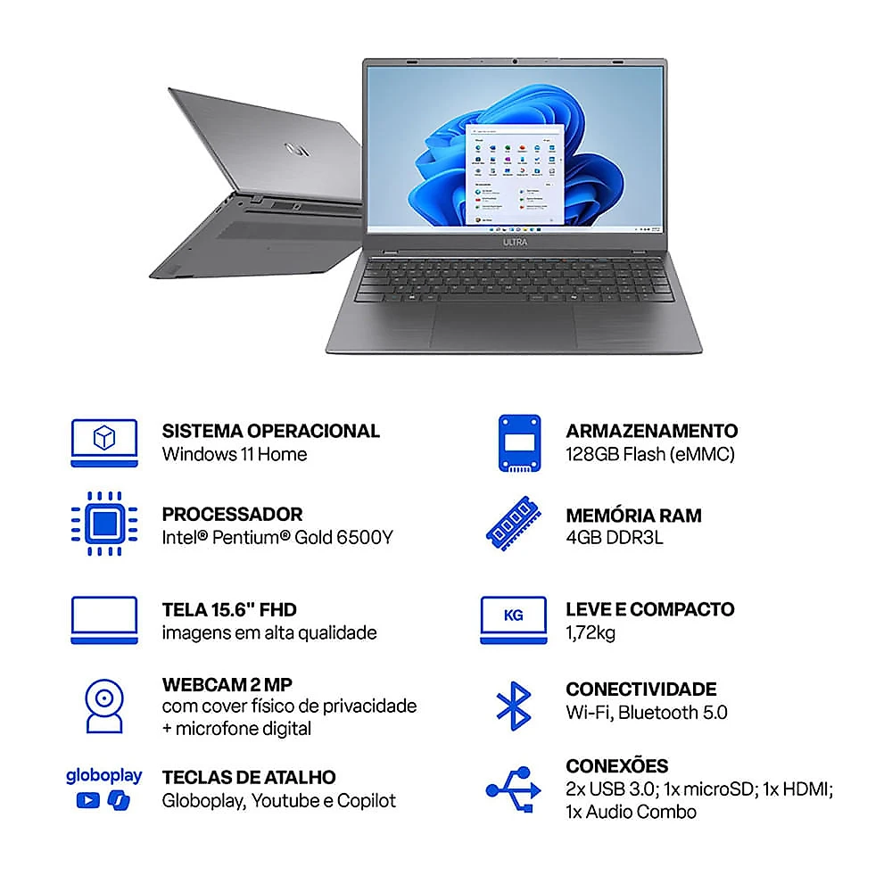 Notebook Windows 11 Home Tela 15.6 Pol. FHD Pentium Gold 6500Y 4GB 128GB e MMC Ultra UB365 Cinza