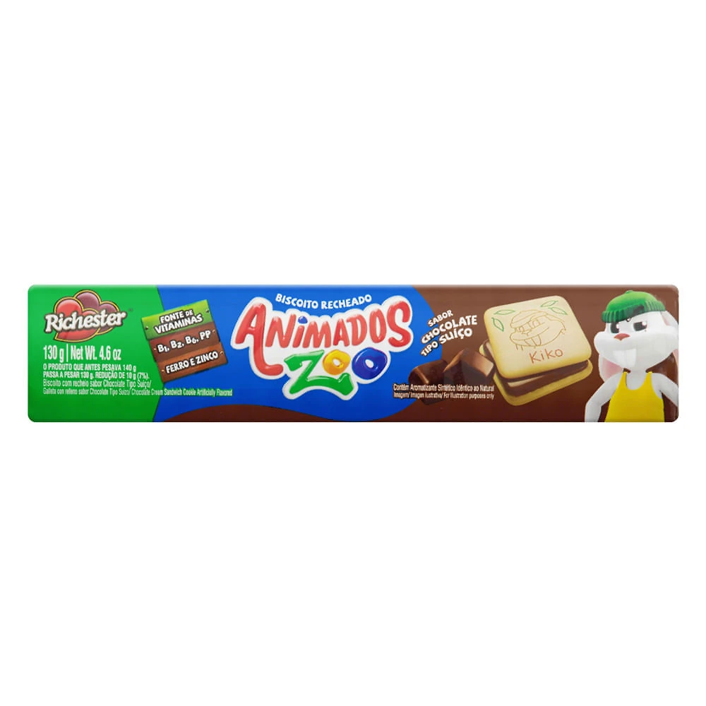 Biscoito Recheado Richester Animados Zoo Sabor Chocolate Tipo Suíço 130g