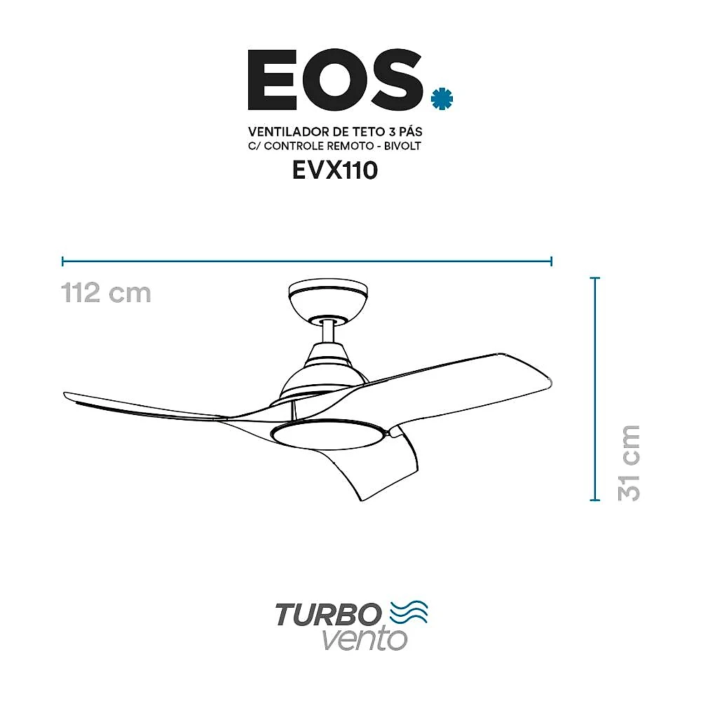 Ventilador de Teto EOS Turbo Vento 3 Pás com Controle Remoto 112cm 150W Prata EVX110S Bivolt
