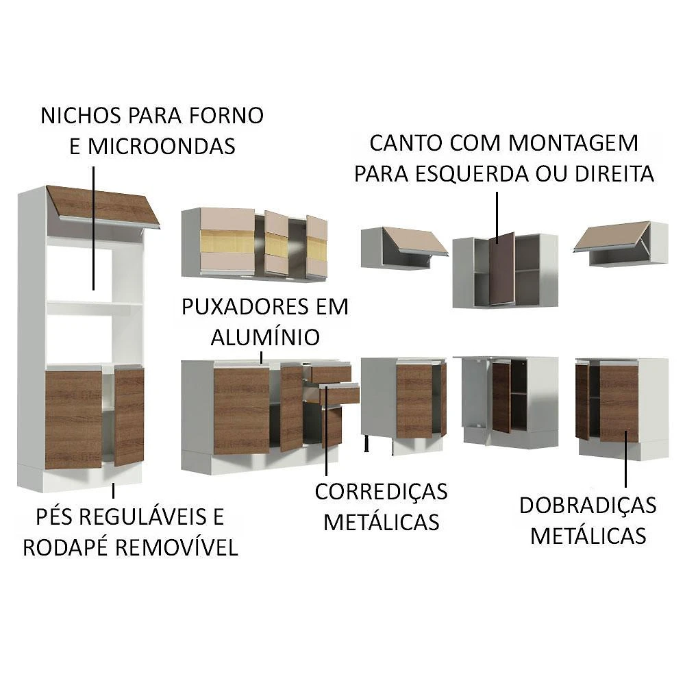 Cozinha Completa 100% MDF Madesa Smart de Canto - Branco/Rustic/Crema Branco/Rustic/Crema