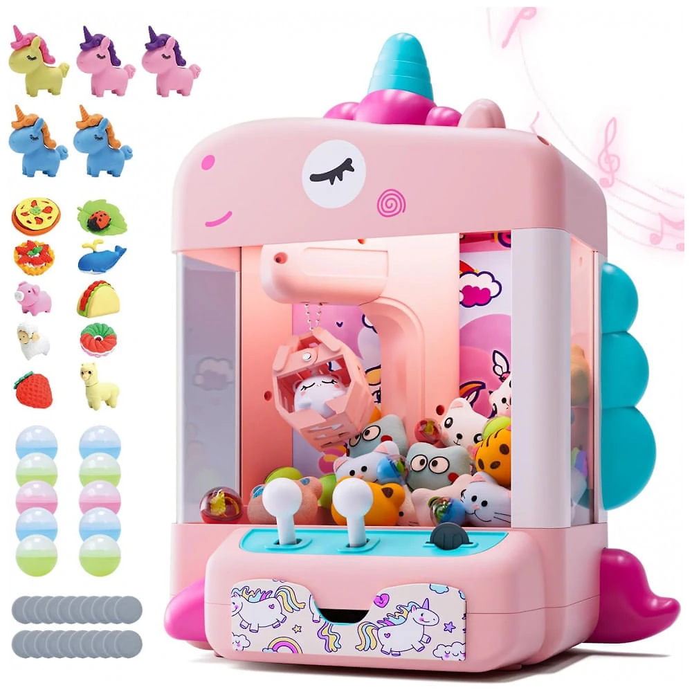Máquina de Garra Unicórnios Skirfy Rosa e Lilás – Mini Arcade Infantil com 5 Unicórnios, 10 Acessórios “Donut”, 10 Brinquedos Cápsula e 20 Moedas