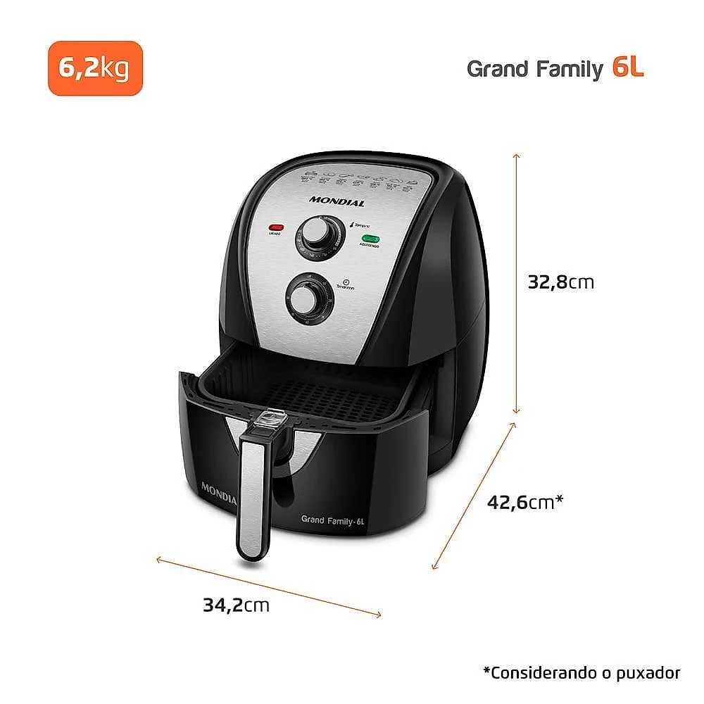 Fritadeira elétrica sem Óleo air fryer mondial afn-60 6l preta/inox 110