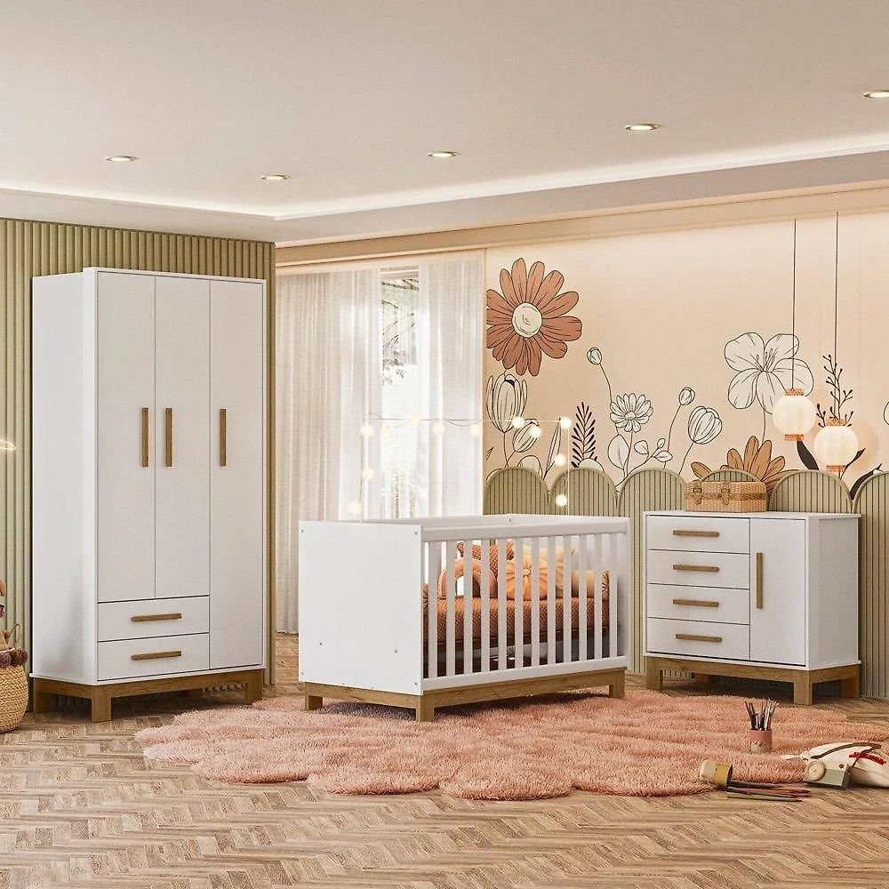 Quarto para Bebê Completo 3 Peças Guarda-Roupa, Cômoda e Berço Encanto Slim