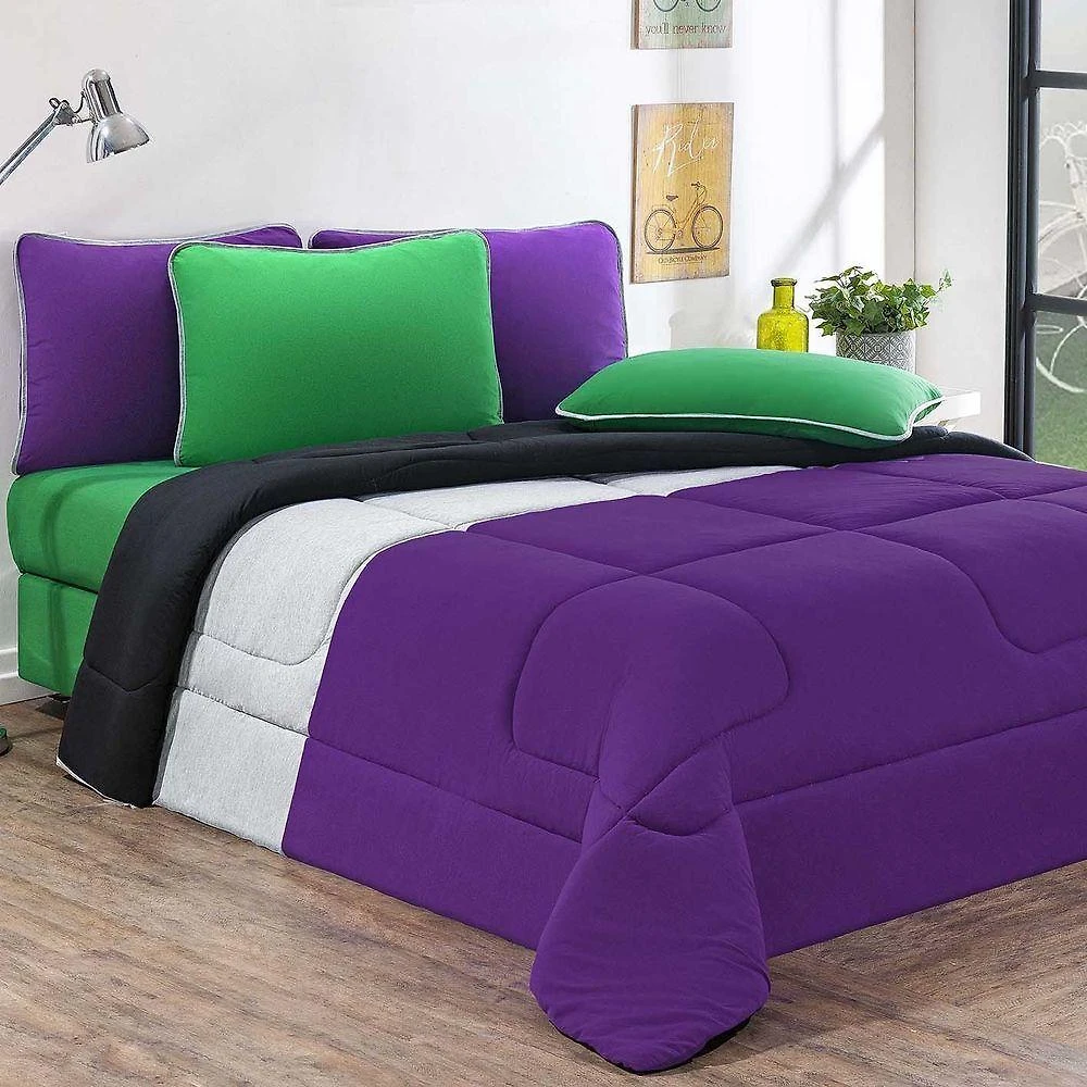 Kit Edredom Malha 100% Algodão Urbano 3 Peças Casal - Roxo-mescla-preto
