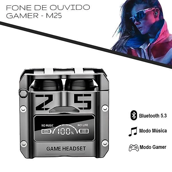 Miniatura M25 Fone De Ouvido Sem Fio Gamer Bluetooth V5.3 Led - Prata