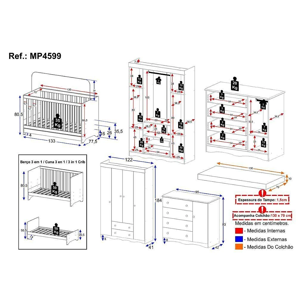 Quarto De Bebê Completo Berço Americano 3x1 Colchão Realeza Multimóveis MP4599 Madeirado-off White