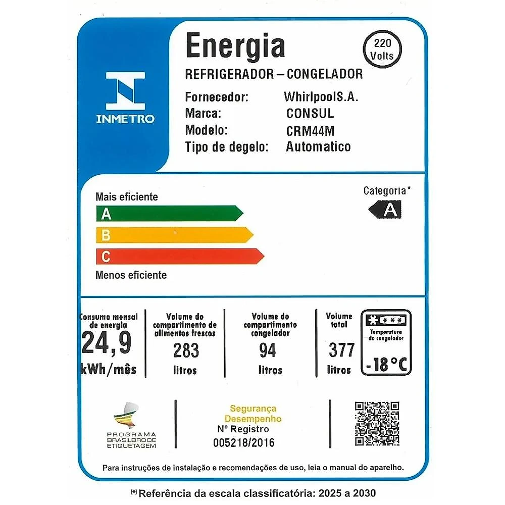 Geladeira Consul Frost Free Duplex Inverter CRM44MK, 377 Litros, Inox - 220 Volts