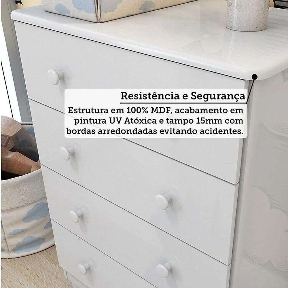 Quarto de Bebê com Cômoda 4 Gavetas e Berço 4 em 1 Minicama 100% Mdf Mike Espresso Móveis Branco Brilho/Amêndoa