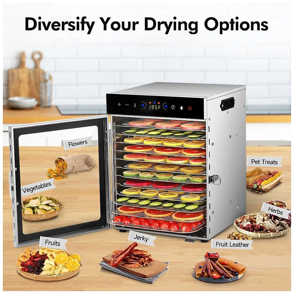 Desidratador de Alimentos SUCISENI com 12 Bandejas de Aço Inoxidável, 1000W, Timer de 24 Horas e Controle de Temperatura 195°C, Ideal para Jerky