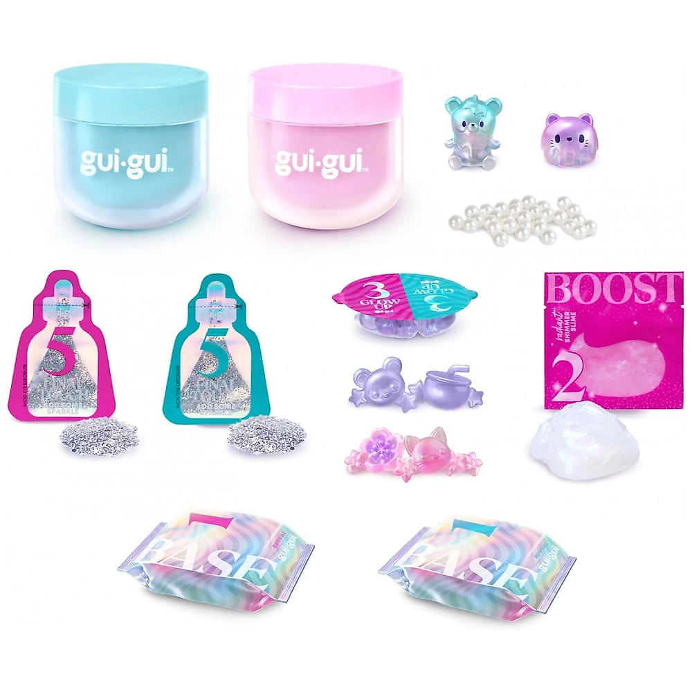 Kit Deluxe Gui Gui com 2 Slimes Iridescentes e Perfumadas, 5 Passos para Personalizar seu Slime GlowUp, Recipiente Lacrável e Reutilizável