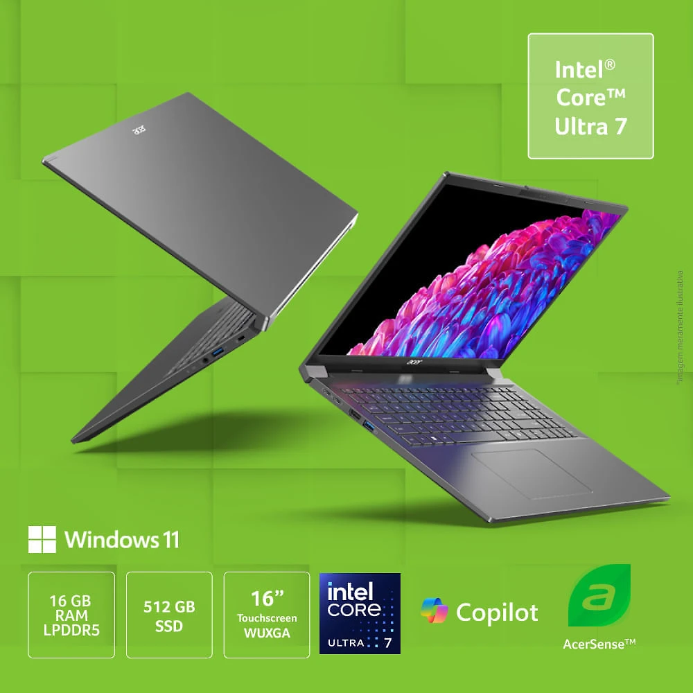 Miniatura Notebook Acer Aspire 16 A16-71MT-75ZS Intel® Core™ Ultra 7 155U 16GB RAM 512GB SSD W11 16” WUXGA touchscreen
