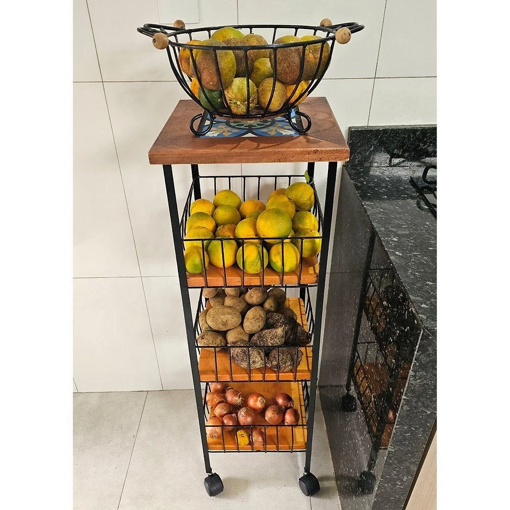 Fruteira de Chão S02 com 3 Andares em Ferro e Madeira com Rodinhas para Cozinha Amadeirado Estilo