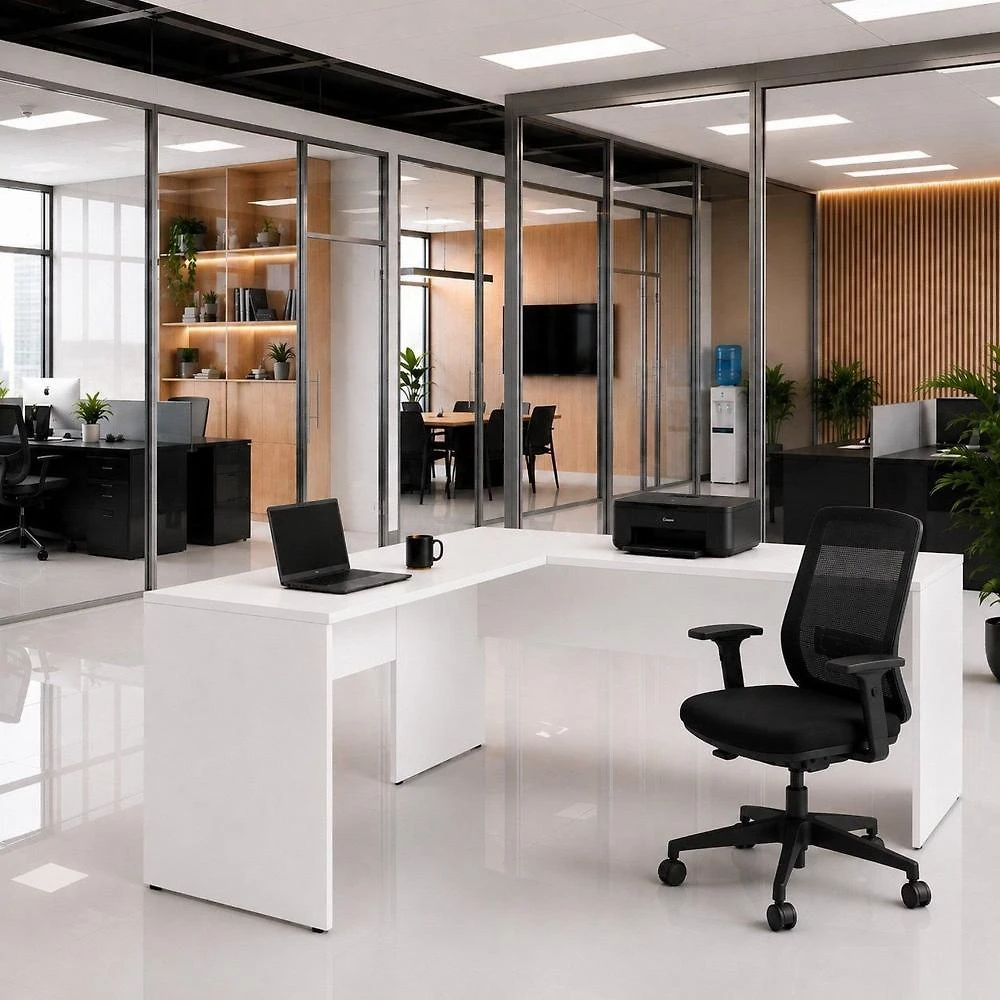 Mesa de Escritório em L 160x60cm + Cadeira Ergonômica Reclinável com Apoio Lombar,Pistão Classe