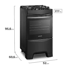 Fogão Continental 4 Bocas FC4GB Preto Mesa de Vidro Forno Eco Turbo Grades de Ferro Fundido Bivolt
